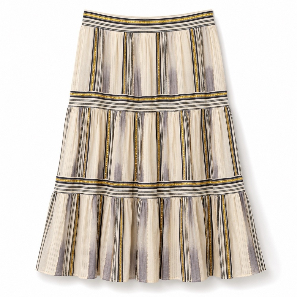 Banana Republic Maxi Skirt 16 Tall Tiered Metallic Gold Stripe Boho Cotton Rayon